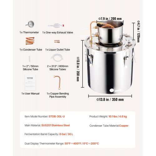 Alcohol Still 8 Gal 30 L Stainless Steel Water Alcohol Distiller with Copper