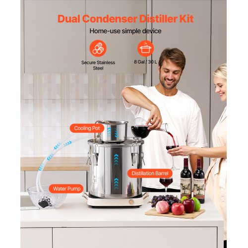 Alcohol Still 8 Gal 30 L Stainless Steel Water Alcohol Distiller with Copper