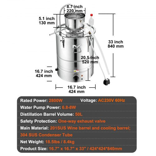 Alcohol Still 15 Gal 50L Water Alcohol Distiller Home Distillery Kit
