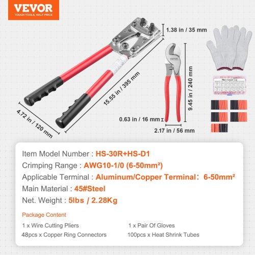 Battery Cable Lug Crimping Tool 1010AWG with Cable Cutter and 48PCS