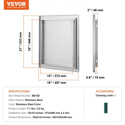 BBQ Access Door 18W x 21H Inch Single Outdoor Kitchen Door Stainless Steel