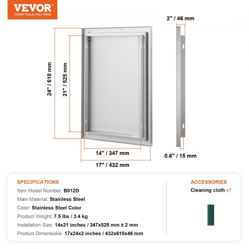 BBQ Access Door 17W x 24H Inch Single Outdoor Kitchen Door Stainless Steel