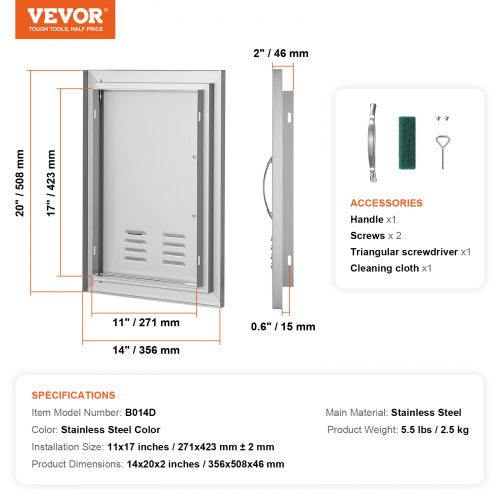 BBQ Access Door 14W x 20H Inch Single Outdoor Kitchen Door Stainless Steel