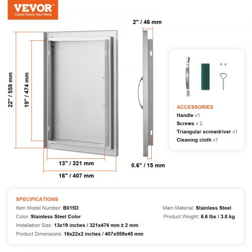 BBQ Access Door 16W x 22H Inch Single Outdoor Kitchen Door Stainless Steel
