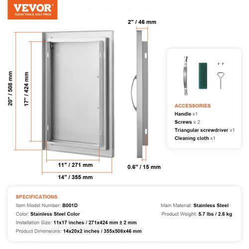BBQ Access Door 14W x 20H Inch Single Outdoor Kitchen Door Stainless Steel