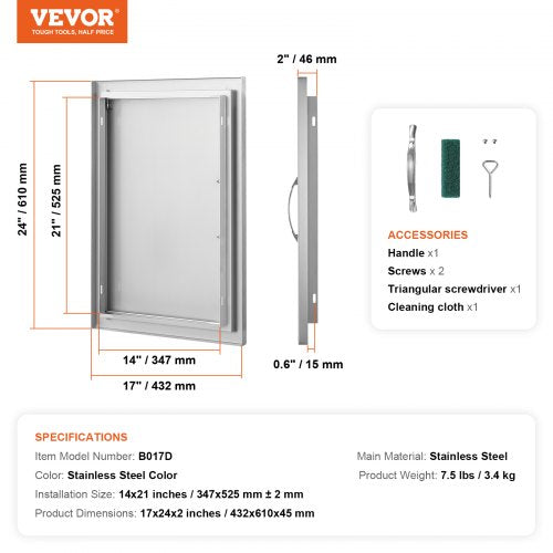 BBQ Access Door 17W x 24H Inch Single Outdoor Kitchen Door Stainless Steel