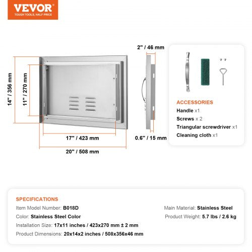 BBQ Access Door 20W x 14H Inch Single Outdoor Kitchen Door Stainless Steel