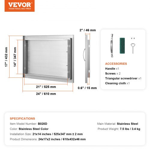 BBQ Access Door 24W x 17H Inch Single Outdoor Kitchen Door Stainless Steel