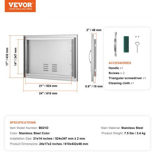 BBQ Access Door 24W x 17H Inch Single Outdoor Kitchen Door Stainless Steel