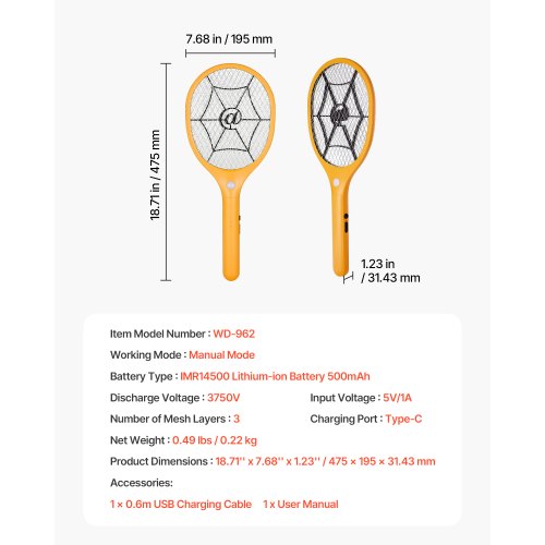 Electric Fly Swatter Zapper Racket with 3 Layers Mesh Powerful Fly Killer