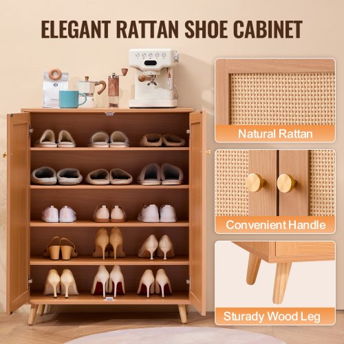 Rattan Shoe Cabinet 5 Tiers Shoe Storage Organizer with 2 Doors and Adjustable