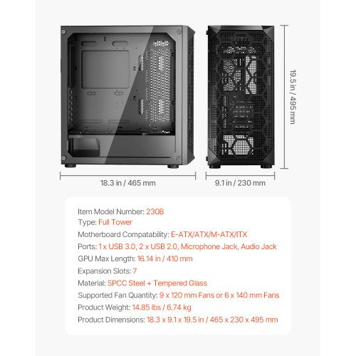 PC Gaming Case FullTower Computer Case with HighAirflow Panel Magnetic