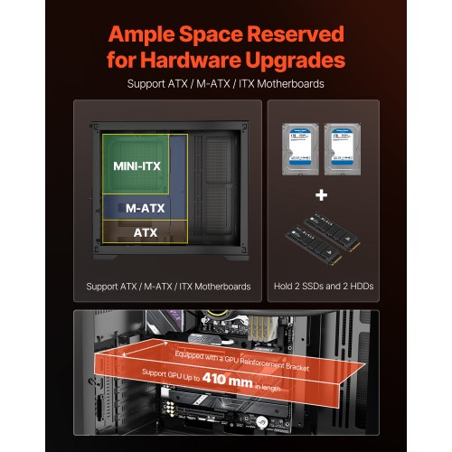 MidTower PC Case Dual Chamber Gaming Computer Case with Tempered Glass