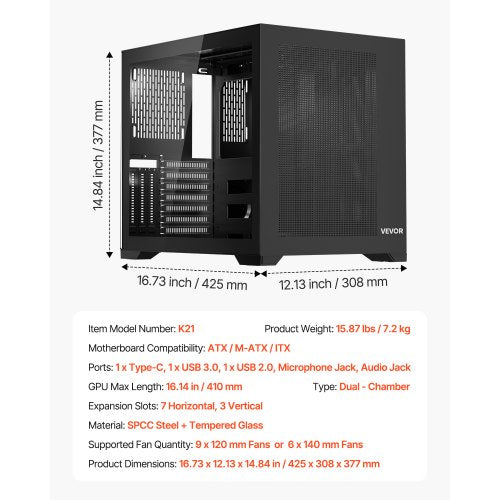 MidTower PC Case Dual Chamber Gaming Computer Case with Tempered Glass