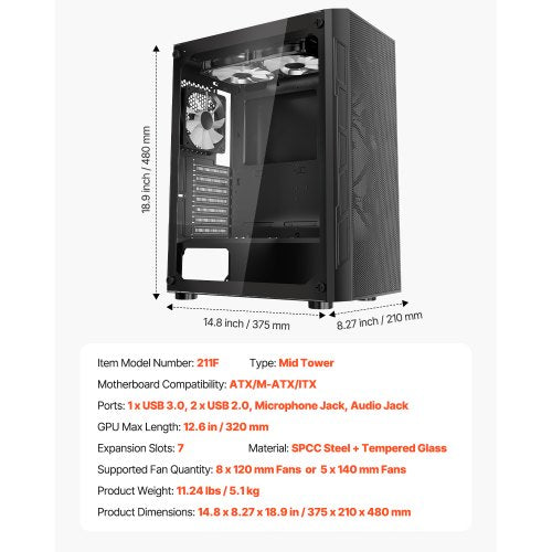 PC Gaming Case MidTower Computer Case with HighAirflow Tempered Glass