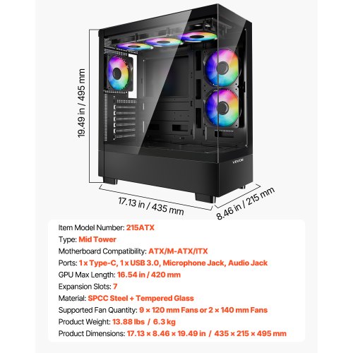 PC Gaming Case MidTower Computer Case with HighAirflow Tempered Glass
