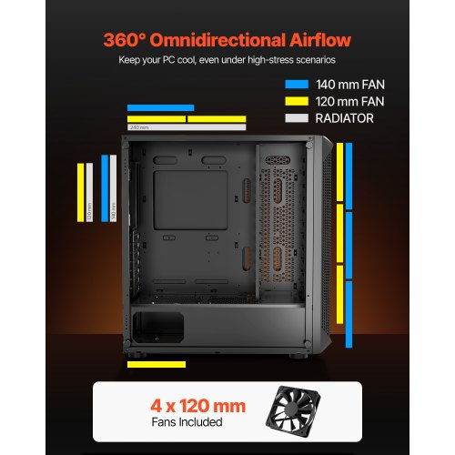 PC Gaming Case MidTower Computer Case with HighAirflow Tempered Glass