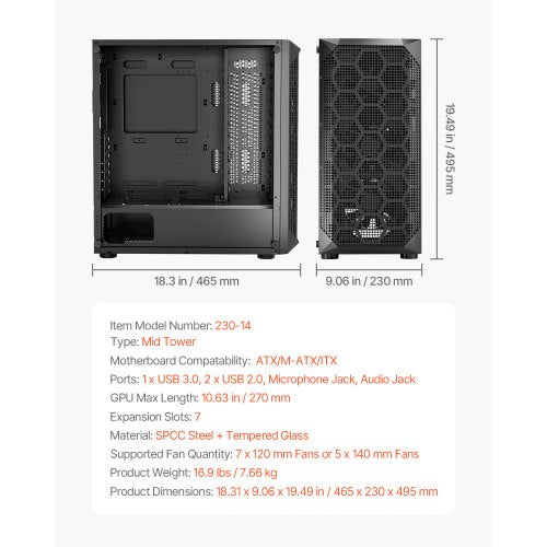 PC Gaming Case MidTower Computer Case with HighAirflow Tempered Glass