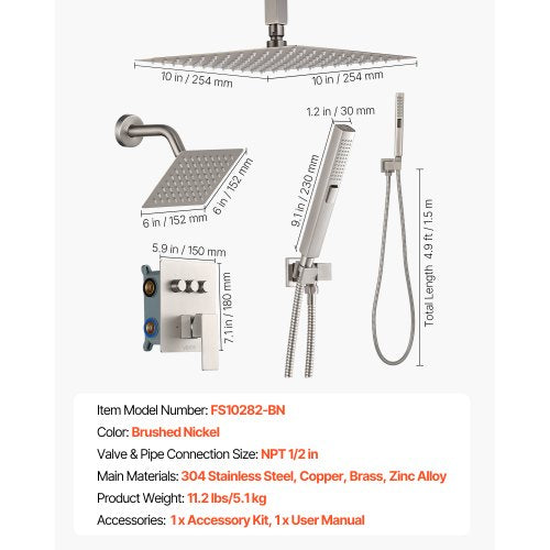 Shower Faucet Set 10 Inch Ceiling Mount Rainfall System With 6 Wall Head And 2
