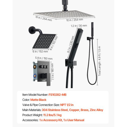 Shower Faucet Set 10 Inch Ceiling Mount Rainfall System With 6 Wall Head And 2 a