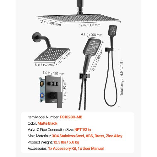 Shower Faucet Set 12 Inch Ceiling Mount Rainfall System With 6 Wall Head And 4 a