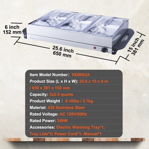 Electric Buffet Server Food Warmer 256 x 15 Portable Stainless Steel