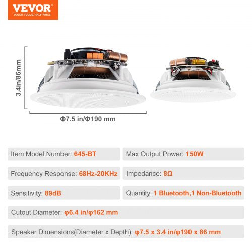 2 PCs 65 Bluetooth in Ceiling Speakers 150W Flush Mount Ceiling