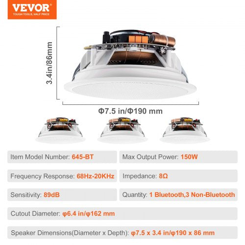 4 PCs 65 Bluetooth in Ceiling Speakers 150W Flush Mount Ceiling