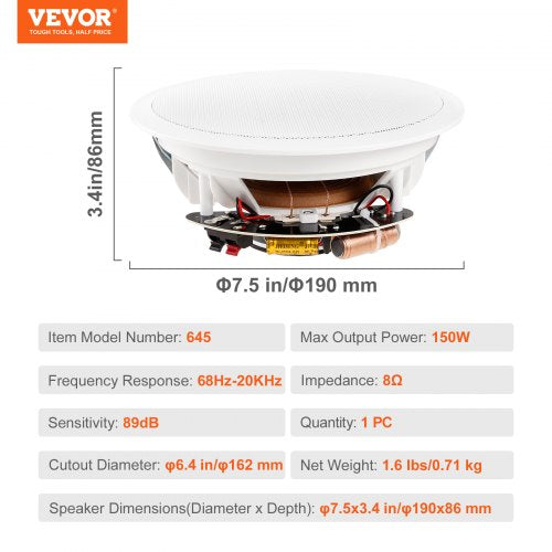 6.5 Inch in Ceiling Speakers 150Watts Flush Mount Ceiling inWall