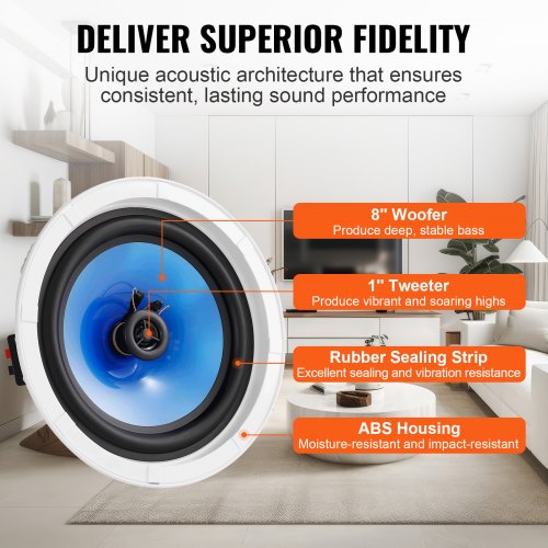 2 PCs 8 Inch in Ceiling Speakers 50Watts Flush Mount Ceiling inWall