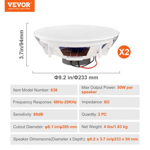 2 PCs 8 Inch in Ceiling Speakers 50Watts Flush Mount Ceiling inWall