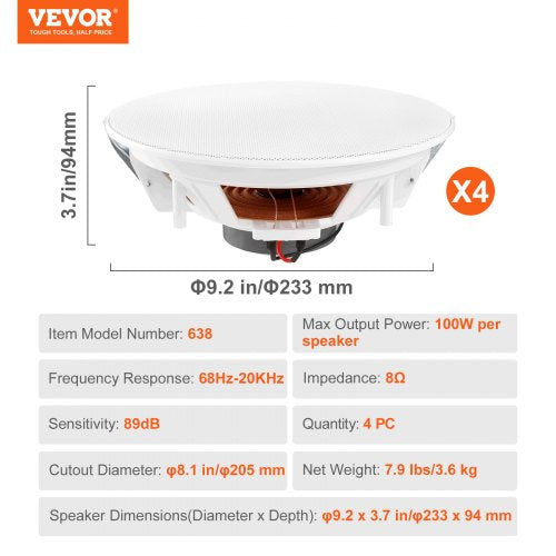 4 PCs 8 Inch in Ceiling Speakers 100Watts Flush Mount Ceiling inWall
