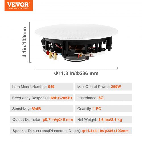 8 Inch in Ceiling Speakers 200Watts Flush Mount Ceiling inWall