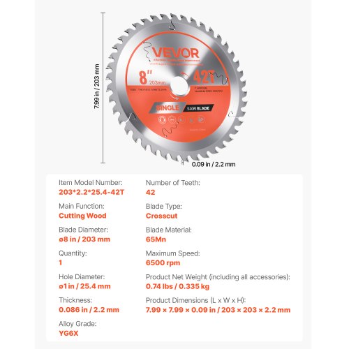 Circular Saw Blade 8 Inch Diameter 42 Sharp Alloy Teeth 1 Arbor Fine Finish