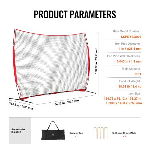 Barricade Backstop Net 12x9 ft Ball Sports Barrier Netting Portable