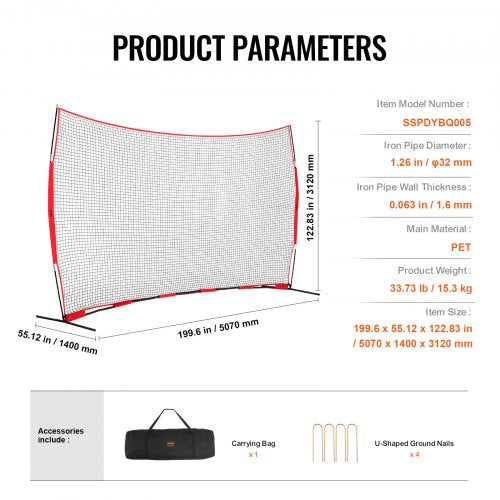 Barricade Backstop Net 16x10 ft Ball Sports Barrier Netting Portable