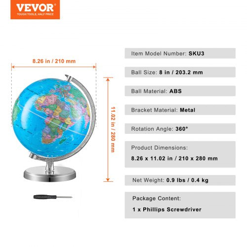 Rotating World Globe with Stand 8 in203.2 mm Educational Geographic Globe