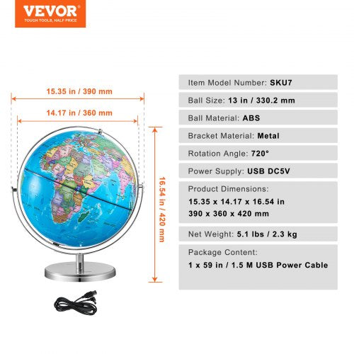 Illuminated World Globe with Stand 13 in330.2 mm Educational Earth Globe