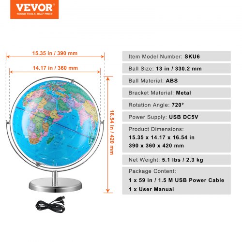 Illuminated World Globe with Stand 13 in330.2 mm Educational Earth Globe