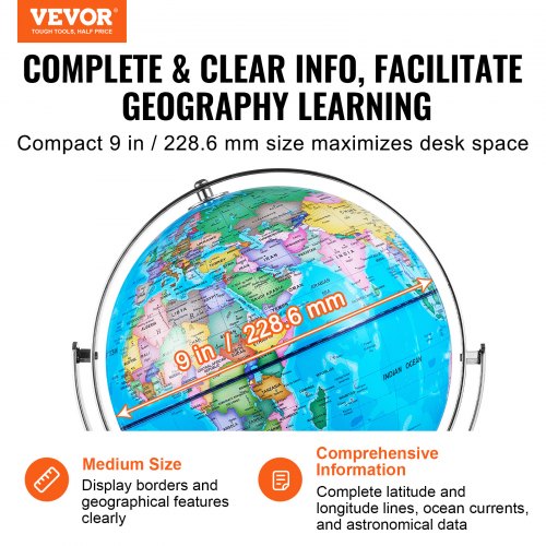 Illuminated World Globe with Stand 9 in228.6 mm Educational Earth Globe