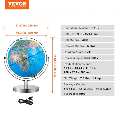 Illuminated World Globe with Stand 9 in228.6 mm Educational Earth Globe