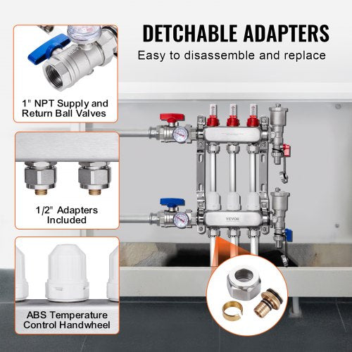 3Branch Radiant Heat Manifold 12 PEX Tubing Manifold Stainless Steel