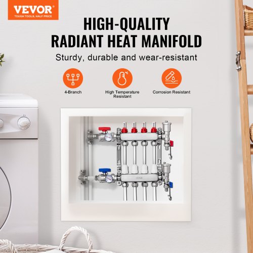 4Branch Radiant Heat Manifold 12 PEX Tubing Manifold Stainless Steel