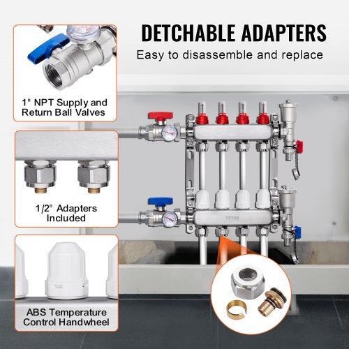 4Branch Radiant Heat Manifold 12 PEX Tubing Manifold Stainless Steel
