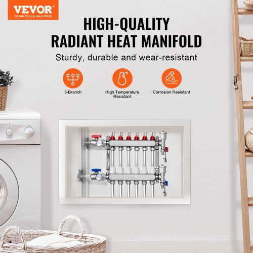 6Branch Radiant Heat Manifold 12 PEX Tubing Manifold Stainless Steel