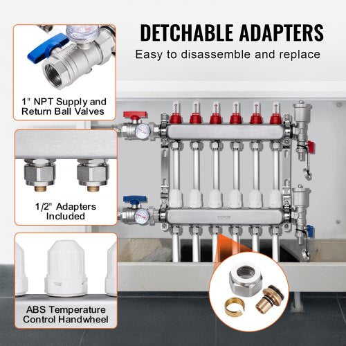 6Branch Radiant Heat Manifold 12 PEX Tubing Manifold Stainless Steel