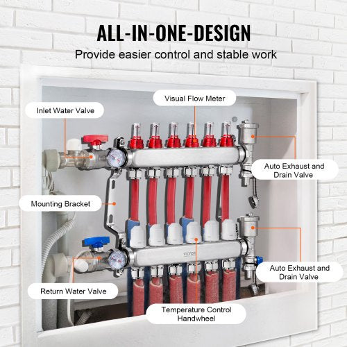 6Branch Radiant Heat Manifold 12 PEX Tubing Manifold Stainless Steel