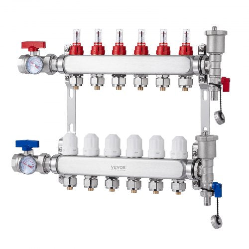 6Branch Radiant Heat Manifold 12 PEX Tubing Manifold Stainless Steel