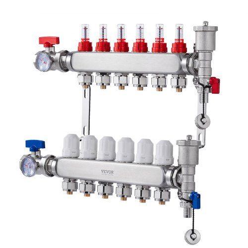 6Branch Radiant Heat Manifold 12 PEX Tubing Manifold Stainless Steel