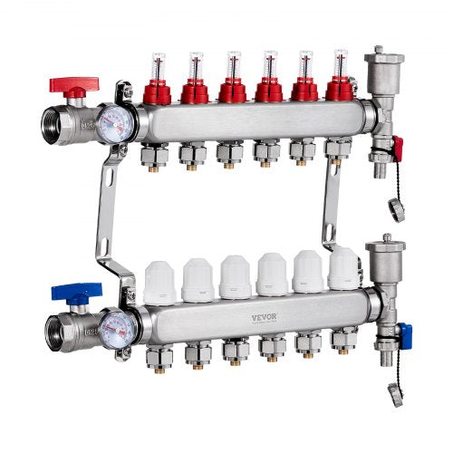 6Branch Radiant Heat Manifold 12 PEX Tubing Manifold Stainless Steel